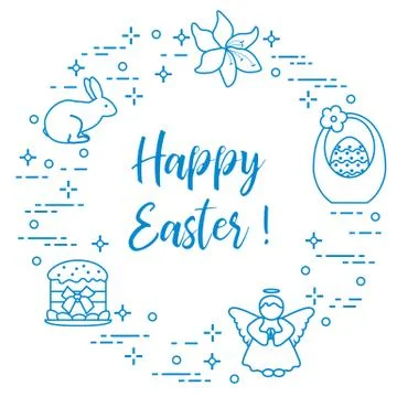Easter cake, basket, eggs, rabbit, flowers, angel. Stock Illustration