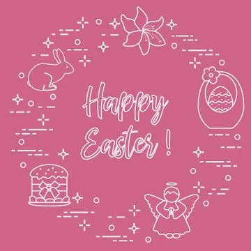 Easter cake, basket, eggs, rabbit, flowers, angel. Stock Illustration