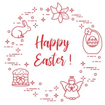 Easter cake, basket, eggs, rabbit, flowers, angel. Illustrazione stock