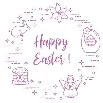 Easter cake, basket, eggs, rabbit, flowers, angel. Illustrazione stock