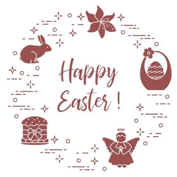 Easter cake, basket, eggs, rabbit, flowers, angel. Illustrazione stock
