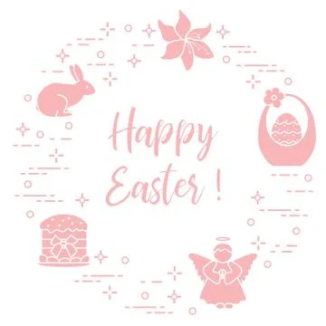 Easter cake, basket, eggs, rabbit, flowers, angel. Illustrazione stock