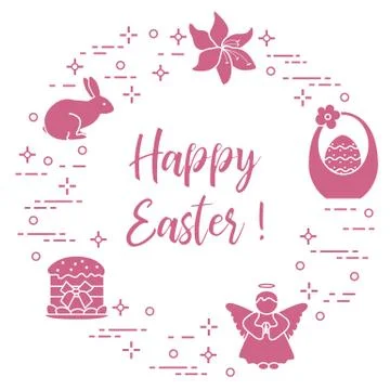 Easter cake, basket, eggs, rabbit, flowers, angel. Stock Illustration