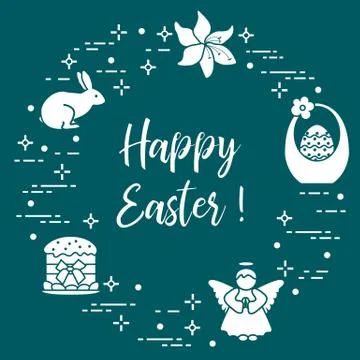 Easter cake, basket, eggs, rabbit, flowers, angel. Stock Illustration