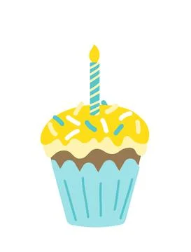 Easter cake with blue glaze, sprinkle, candle. Colorful cupcake. Flat. Isolated Stock Illustration