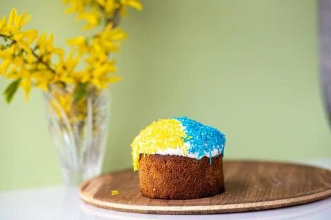 Easter cake with a bow on a yellow, light green background, and yellow spring Stock Photos