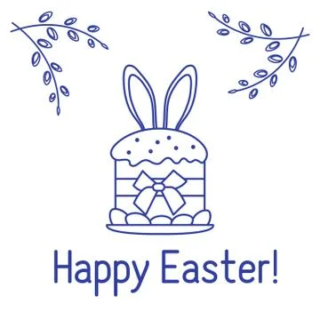 Easter cake, bunny ears, willow branches. Linear Stock Illustration