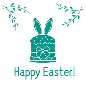Easter cake, bunny ears, willow branches. Linear Illustrazione stock