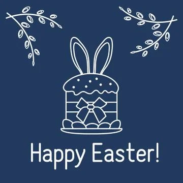 Easter cake, bunny ears, willow branches. Linear Stock Illustration