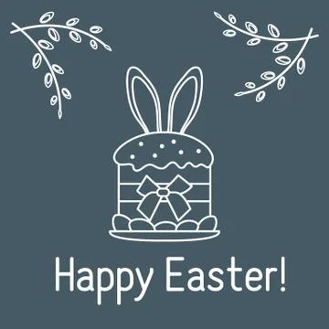 Easter cake, bunny ears, willow branches. Linear Stock Illustration