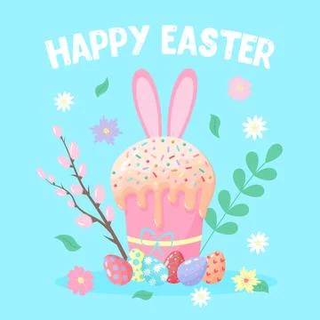 Easter cake with bunny ears, willow, painted eggs, flowers, leaves and twig. Stock Illustration