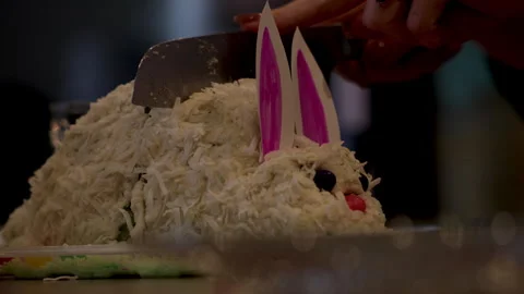Easter cake bunny rabbit cake sliced and served for dessert.  Stock Footage 332261205