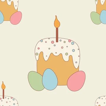 Easter cake with a candle and chicken eggs. seamless texture. 스톡 일러스트