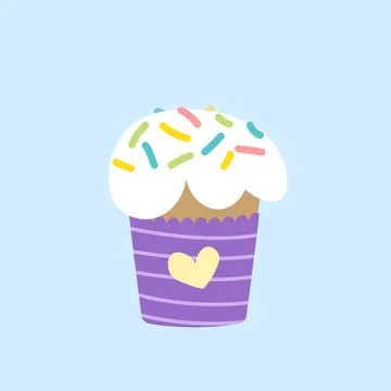 Easter cake with chocolate glaze and sprinkle. icing. Cupcake with heart. Flat Stock Illustration