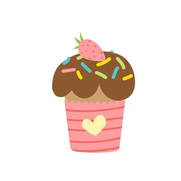 Easter cake with chocolate glaze, sprinkle, strawberry. Cupcake with heart. Flat Stock Illustration