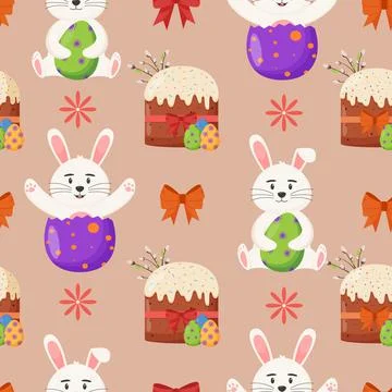 Easter cake with colorful eggs and easter bunny seamless pattern. Spring holiday Stock Illustration