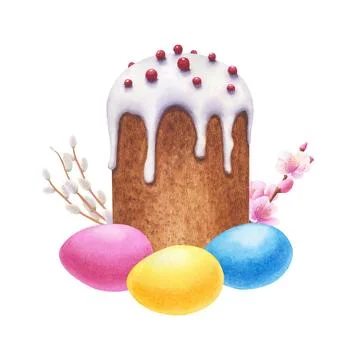 Easter cake with colorful eggs and willow branches. watercolor illustration Stock Illustration