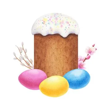 Easter cake with colorful eggs, branches willow and sakura Hand drawn watercolor 스톡 일러스트