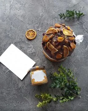 Easter cake. Concrete background. Easter decorated with dried fruits and nuts Stock Photos