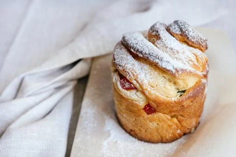 Easter cake cruffin on a gray background. Stock Photos