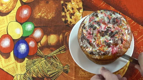 Easter cake is cut  in 4K Video stock 148106750