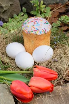 Easter cake decorated colored powder, white easter eggs lie in a nest Stock Photos
