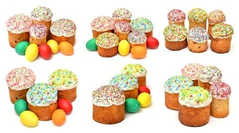 Easter cake with decorated eggs collection isolated on white background Stockfoto's
