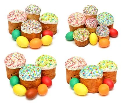Easter cake with decorated eggs collection isolated on white background Stockfoto's