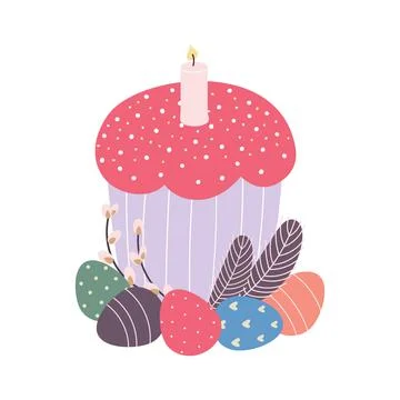 Easter cake, Easter eggs and a sprig of willow Stock Illustration