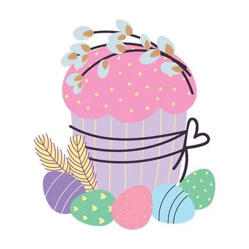 Easter cake, Easter eggs and a sprig of willow Illustrazione stock