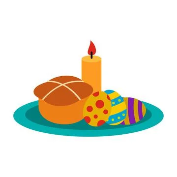 Easter cake with eggs and burning candle icon Illustrazione stock