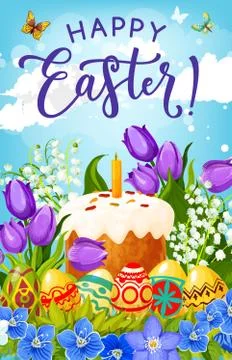 Easter cake, eggs and flowers. Religious holiday Stock Illustration