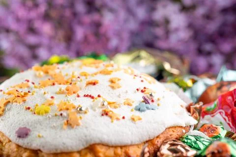 Easter cake with eggs and sweets Stock Photos