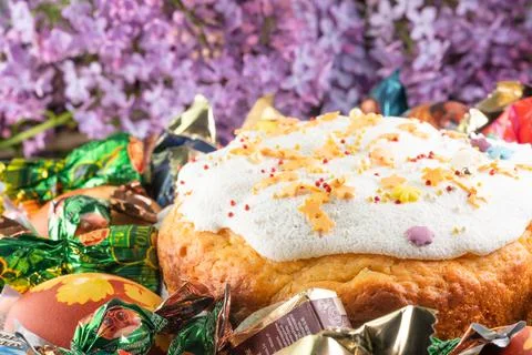 Easter cake with eggs and sweets Stock Photos