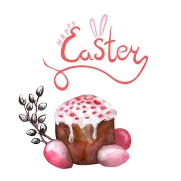Easter cake, eggs and willow twigs painted watercolor. Bright cute hand drawn Stock-Illustration