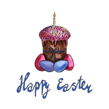 Easter cake, eggs and willow twigs painted watercolor. Bright cute hand drawn 스톡 일러스트
