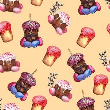 Easter cake, eggs and willow twigs painted watercolor seamless pattern. Brigh Illustrazione stock