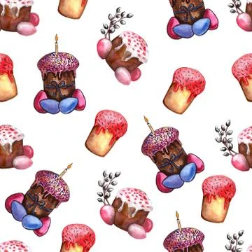 Easter cake, eggs and willow twigs painted watercolor seamless pattern. Brigh Illustrazione stock