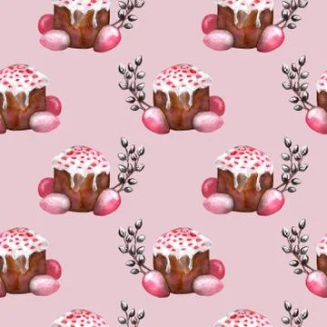 Easter cake, eggs and willow twigs painted watercolor seamless pattern. Brigh 스톡 일러스트