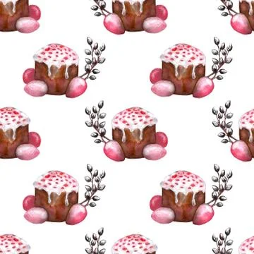 Easter cake, eggs and willow twigs painted watercolor seamless pattern. Brigh 스톡 일러스트