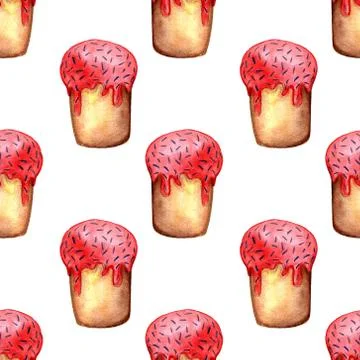 Easter cake, eggs and willow twigs painted watercolor seamless pattern. Brigh Stock Illustration