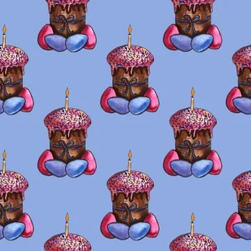 Easter cake, eggs and willow twigs painted watercolor seamless pattern. Brigh 스톡 일러스트