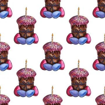Easter cake, eggs and willow twigs painted watercolor seamless pattern. Brigh 스톡 일러스트