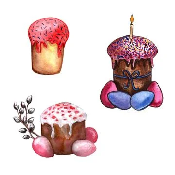 Easter cake, eggs and willow twigs painted watercolor. Bright cute hand drawn Stock Illustration