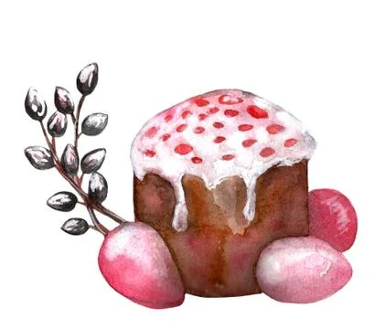 Easter cake, eggs and willow twigs painted watercolor. Bright cute hand drawn Stock Illustration