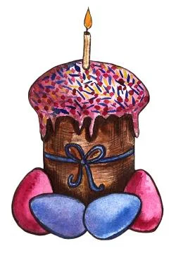 Easter cake, eggs and willow twigs painted watercolor. Bright cute hand drawn Illustrazione stock