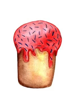 Easter cake, eggs and willow twigs painted watercolor. Bright cute hand drawn Stock Illustration