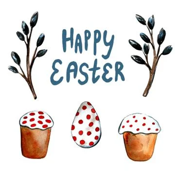 Easter cake, eggs and willow twigs painted watercolor. Bright cute hand drawn Stock Illustration