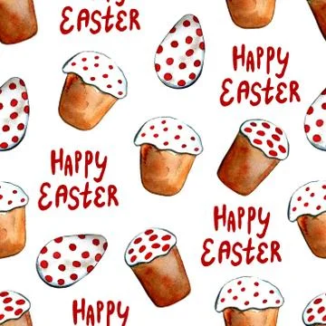 Easter cake, eggs and willow twigs painted watercolor. Bright cute hand drawn 스톡 일러스트