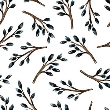 Easter cake, eggs and willow twigs painted watercolor. Bright cute hand drawn Stock Illustration